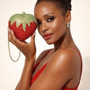 Crystal Strawberry Rhinestone Heart Clutch with Gold Chain